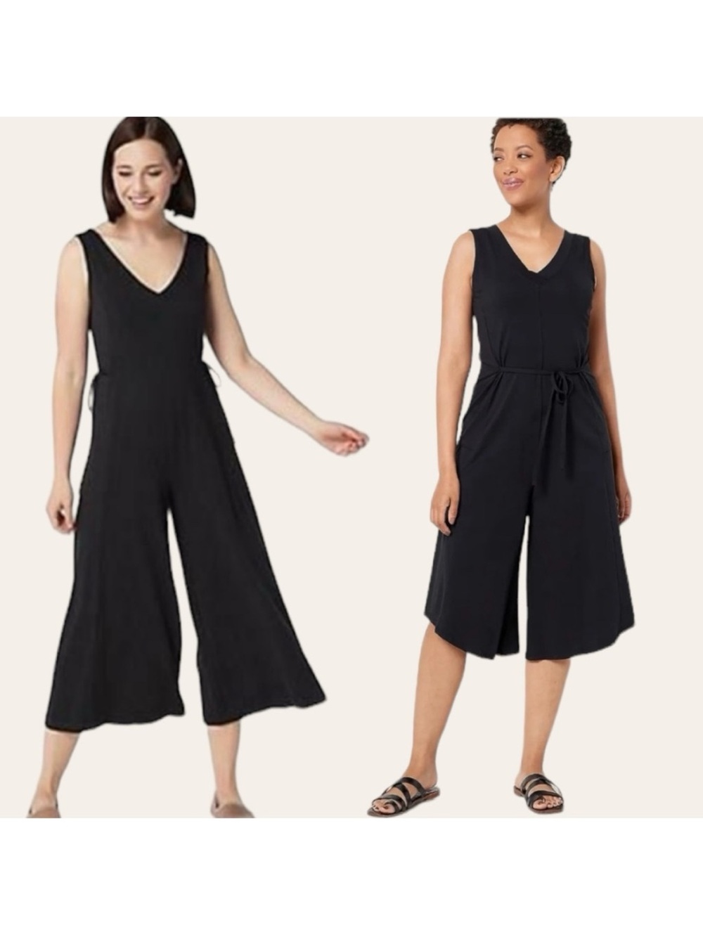 AnyBody Black Sleeveless V-Neck Wide-Leg Jumpsuit with Tie Waist